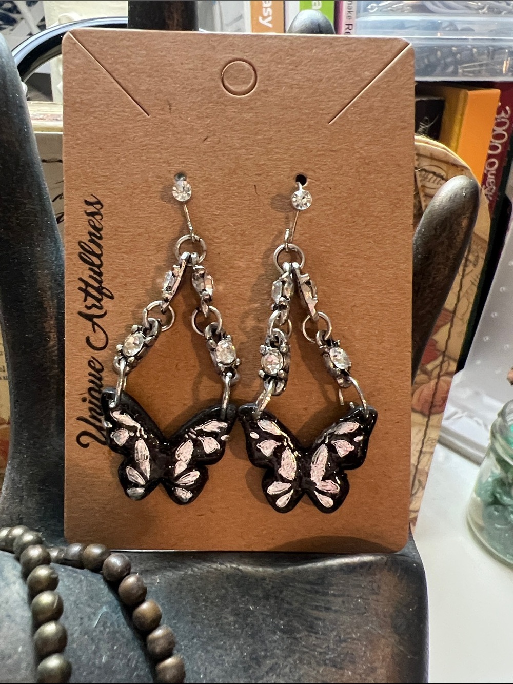 Black Butterfly Drop Earrings with silver diamond Accents